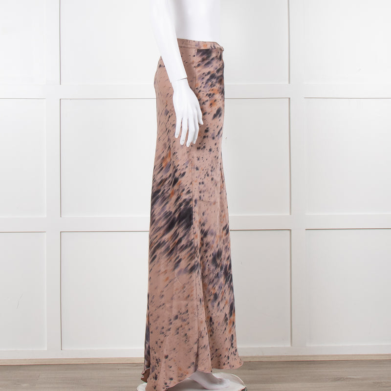 Rabens Saloner Taupe Tie Dye Splatter Bias Cut Maxi Skirt