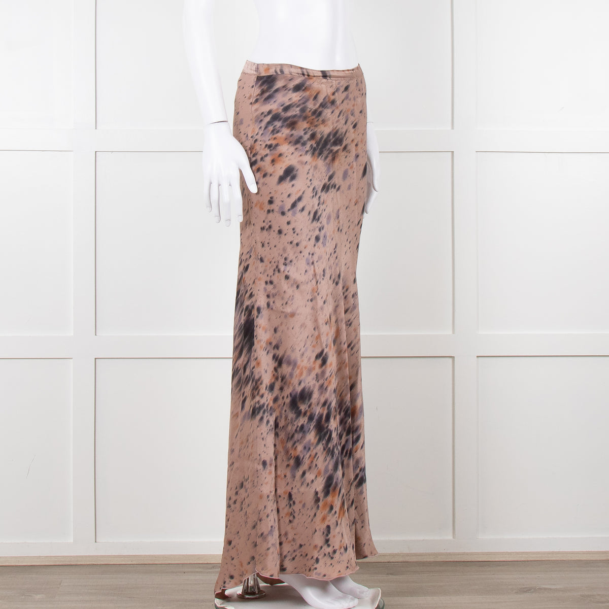 Rabens Saloner Taupe Tie Dye Splatter Bias Cut Maxi Skirt