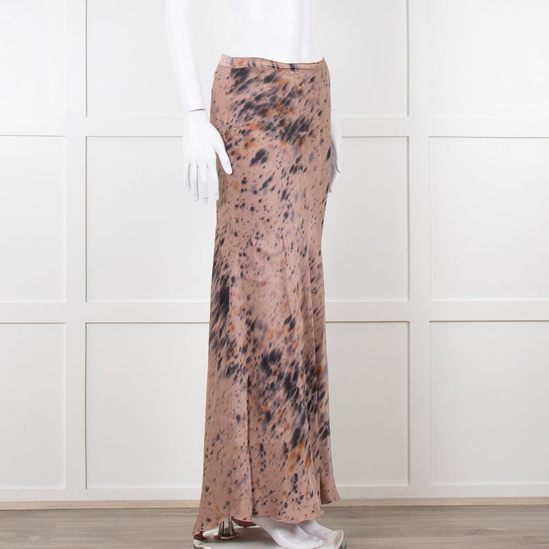 Rabens Saloner Taupe Tie Dye Splatter Bias Cut Maxi Skirt