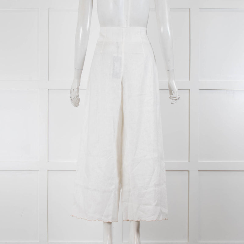 Alemais White Linen Laurie Wide Leg Trousers With Neutral Embroidery