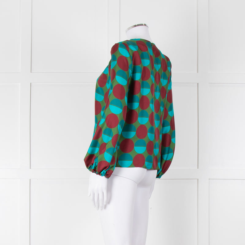 La Double J Green Burgundy Blue Circle Print Long Sleeve Silk Top