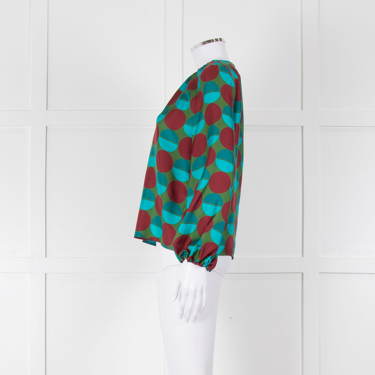 La Double J Green Burgundy Blue Circle Print Long Sleeve Silk Top