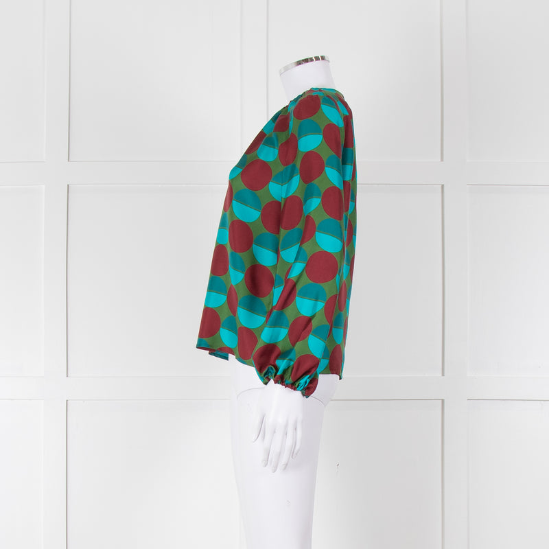 La Double J Green Burgundy Blue Circle Print Long Sleeve Silk Top