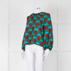 La Double J Green Burgundy Blue Circle Print Long Sleeve Silk Top