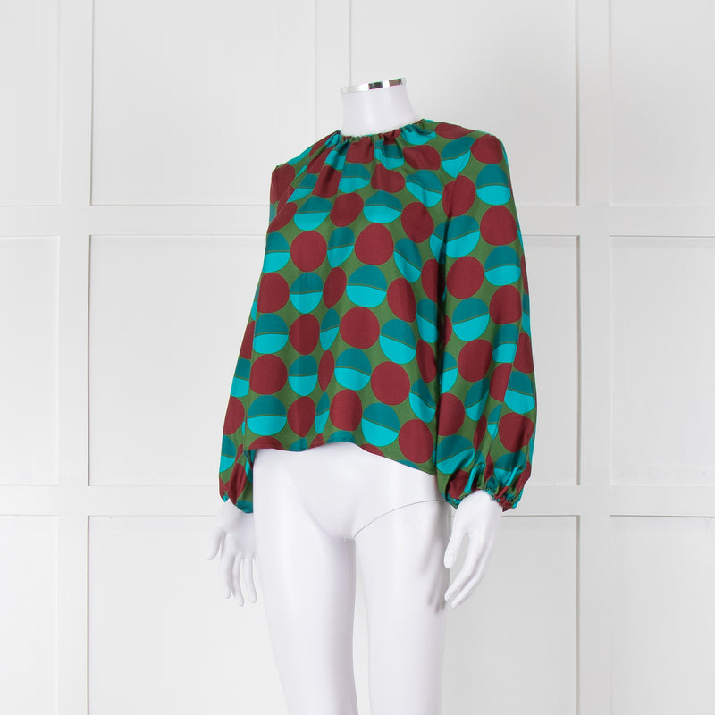 La Double J Green Burgundy Blue Circle Print Long Sleeve Silk Top