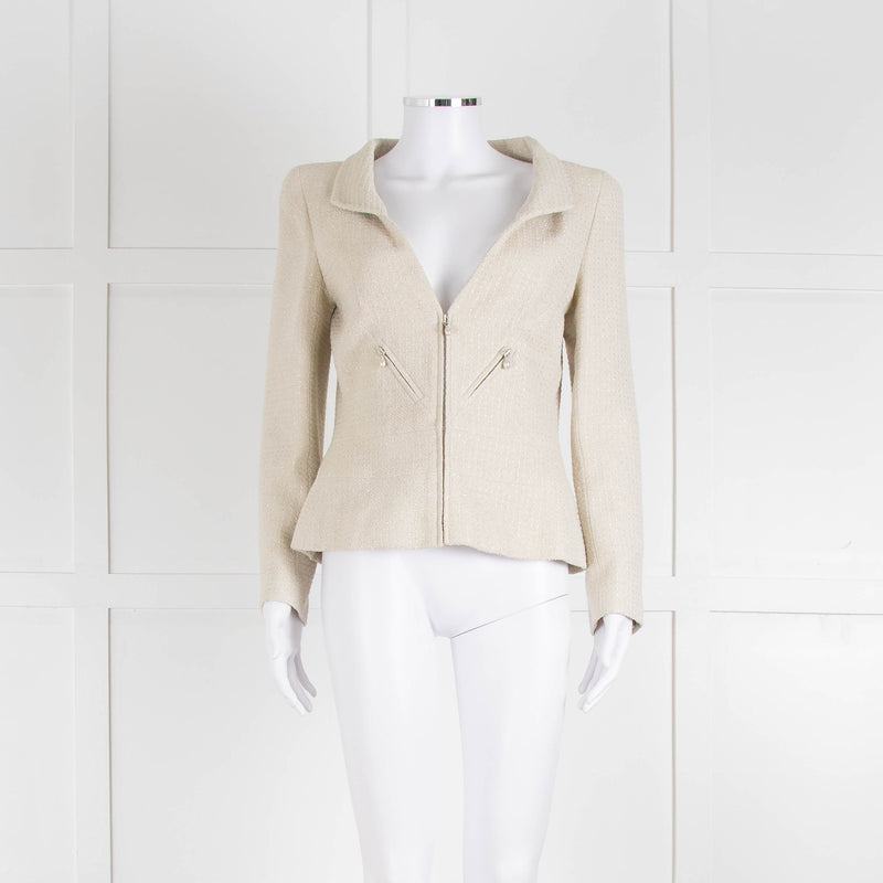 Chanel Ecru Tweed Jacket And Matching Vest Top With Silver Thread Zip Up Front
