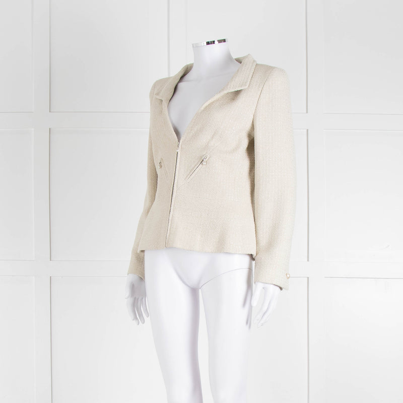 Chanel Ecru Tweed Jacket And Matching Vest Top With Silver Thread Zip Up Front