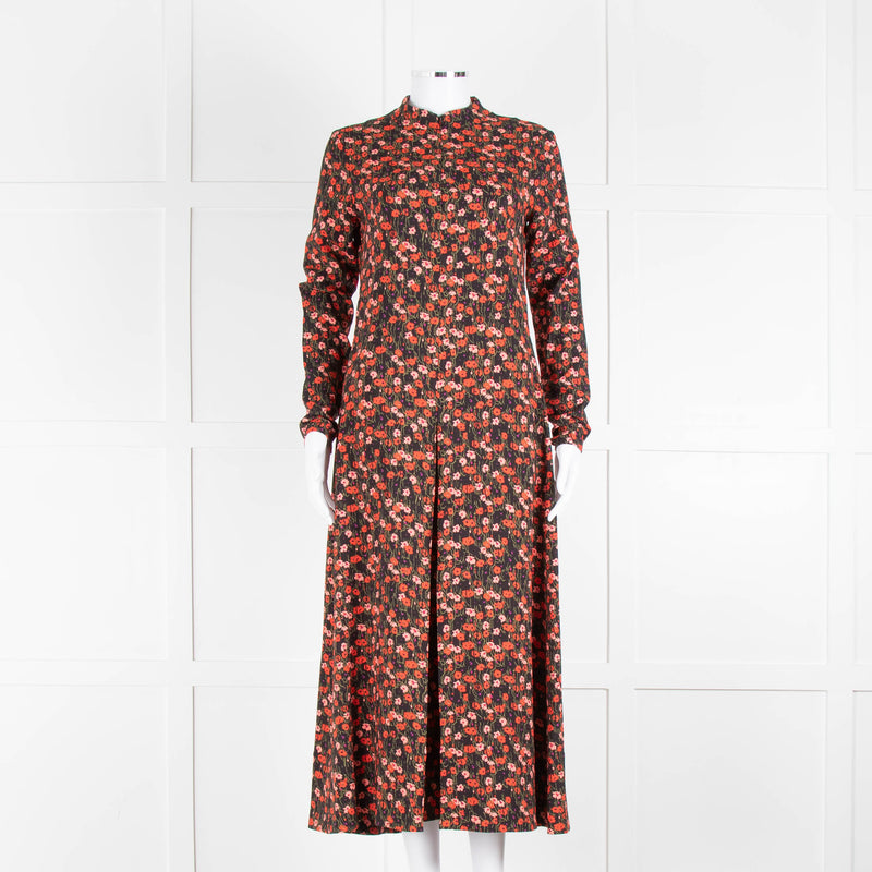 Me + Em Red and Pink Floral Zip Front  Midi Dress