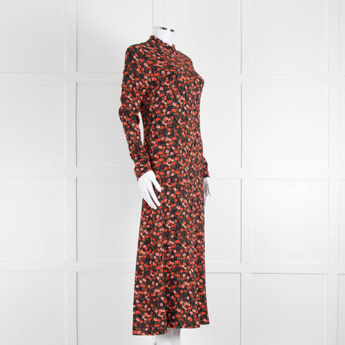 Me + Em Red and Pink Floral Zip Front  Midi Dress
