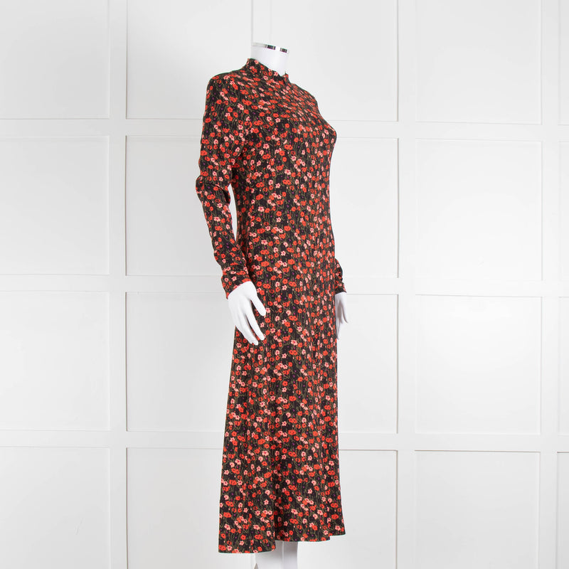 Me + Em Red and Pink Floral Zip Front  Midi Dress