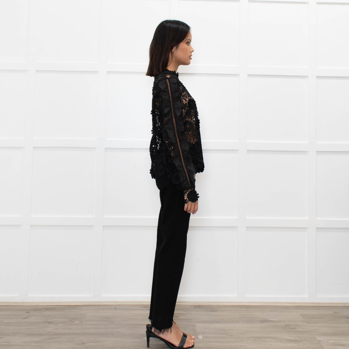 Self Portrait Black Long Frill Sleeve Lace Top