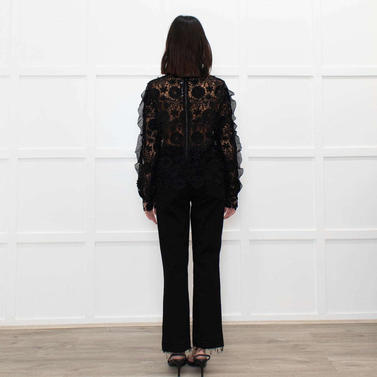 Self Portrait Black Long Frill Sleeve Lace Top
