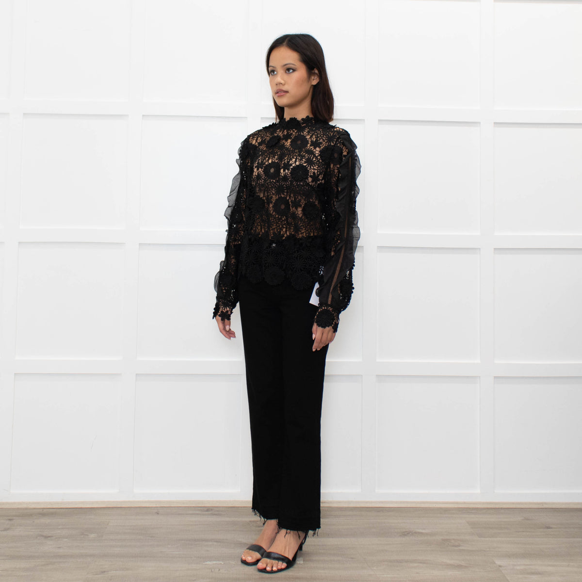 Self Portrait Black Long Frill Sleeve Lace Top