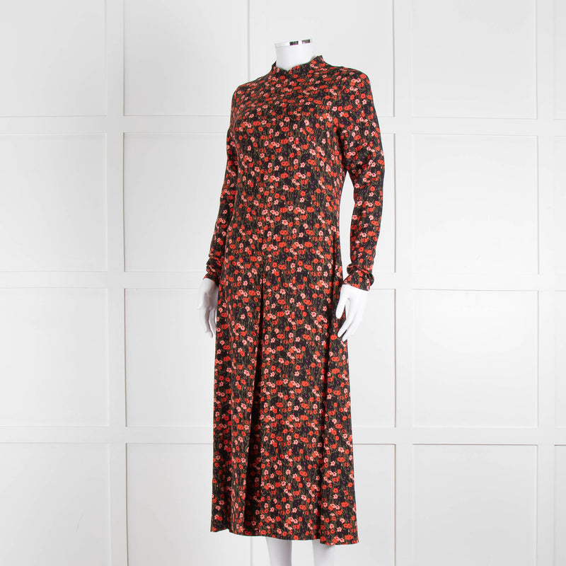Me + Em Red and Pink Floral Zip Front  Midi Dress