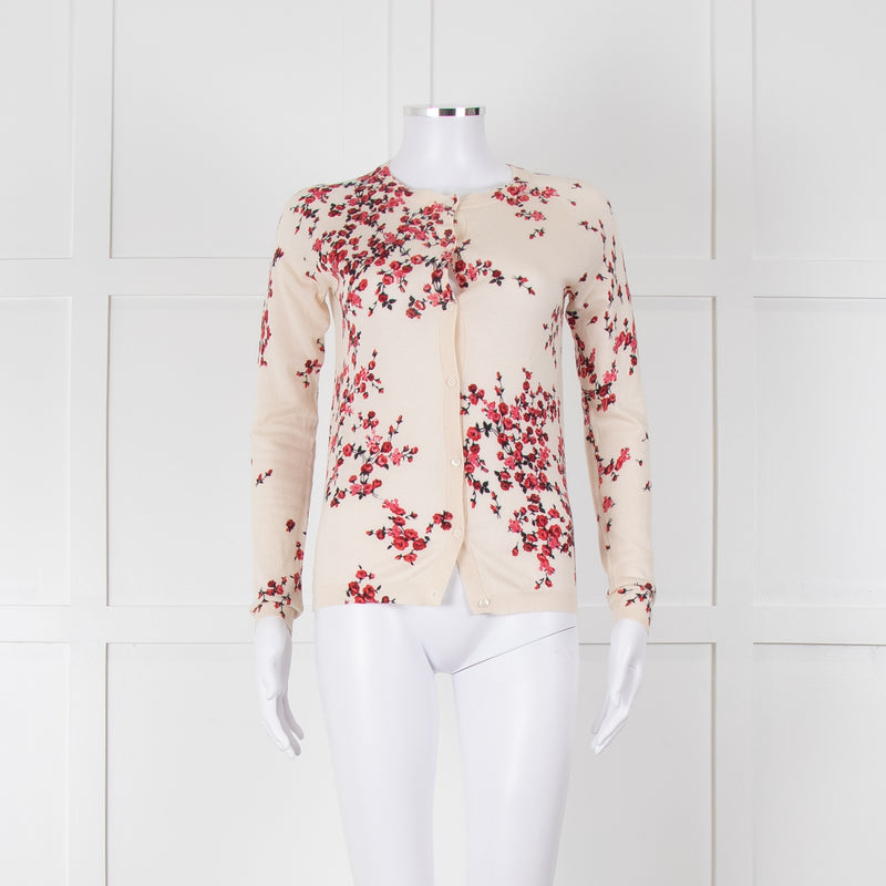 Max Mara Studio Cream Red Rose Bud Print Silk Wool Blend Cardigan