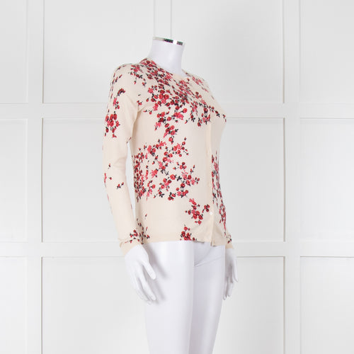 Max Mara Studio Cream Red Rose Bud Print Silk Wool Blend Cardigan