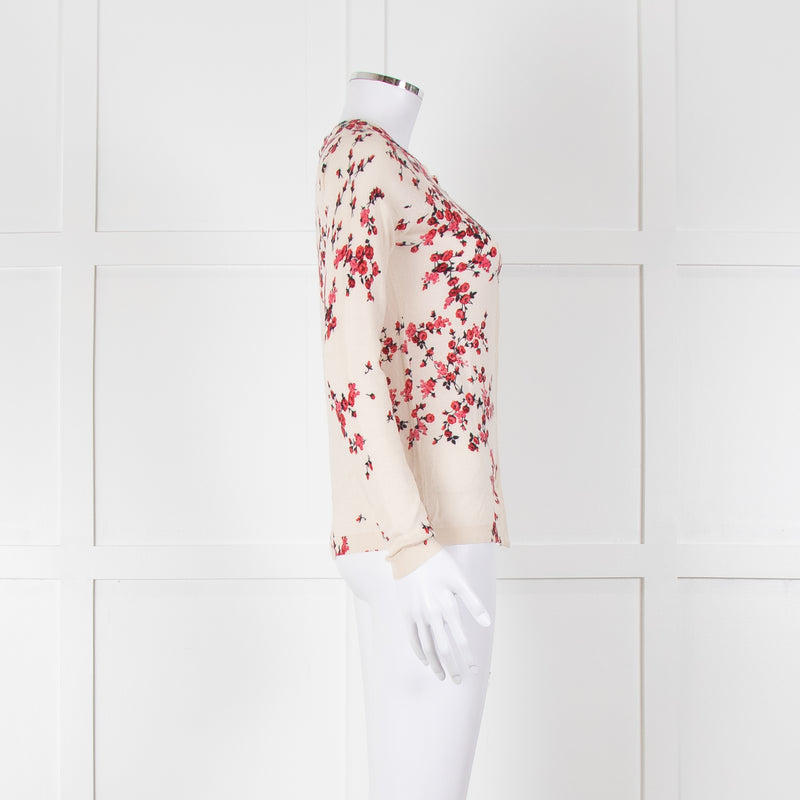 Max Mara Studio Cream Red Rose Bud Print Silk Wool Blend Cardigan