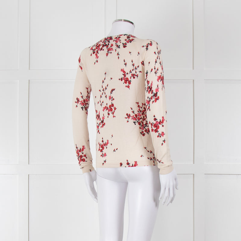 Max Mara Studio Cream Red Rose Bud Print Silk Wool Blend Cardigan