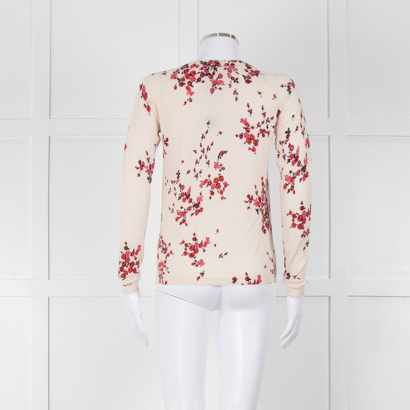 Max Mara Studio Cream Red Rose Bud Print Silk Wool Blend Cardigan