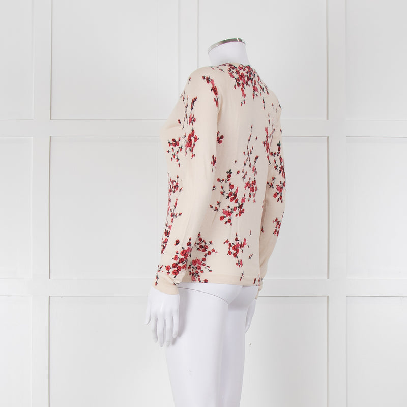 Max Mara Studio Cream Red Rose Bud Print Silk Wool Blend Cardigan