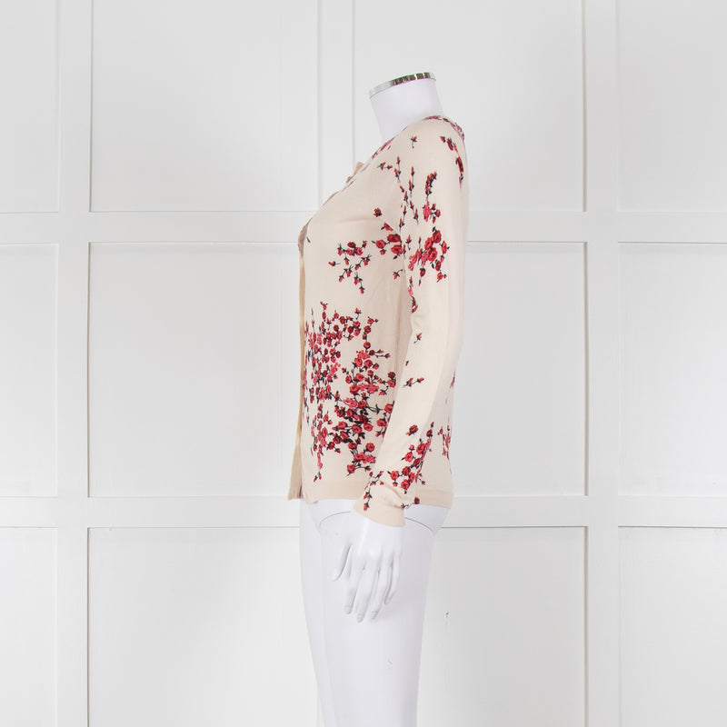 Max Mara Studio Cream Red Rose Bud Print Silk Wool Blend Cardigan
