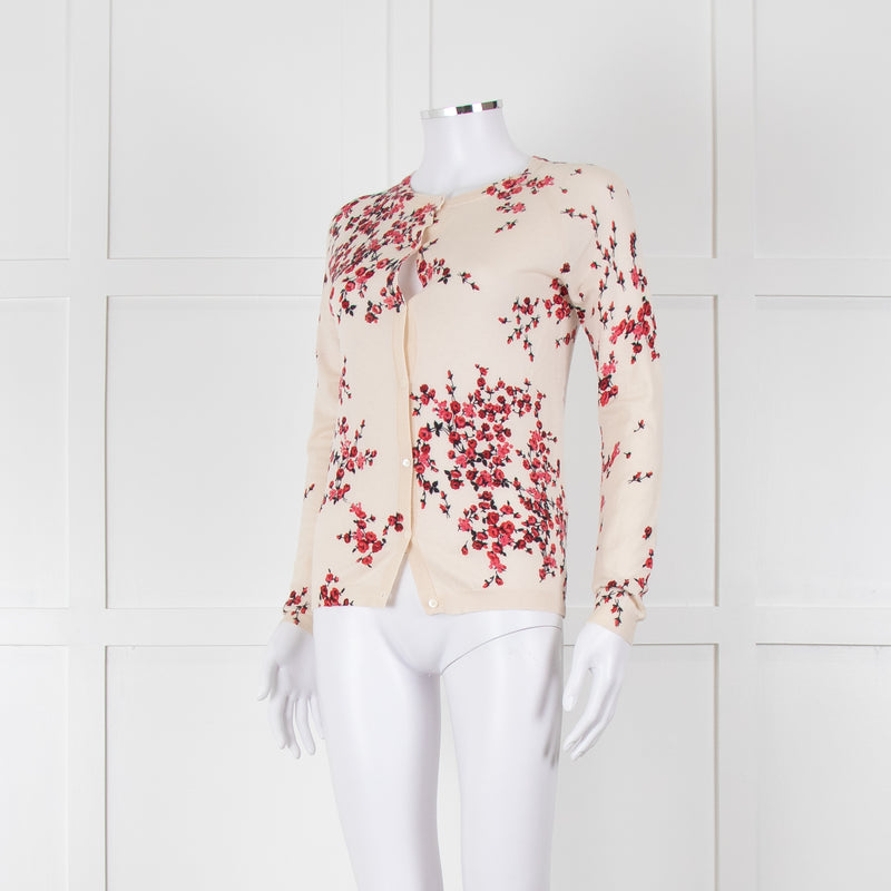Max Mara Studio Cream Red Rose Bud Print Silk Wool Blend Cardigan