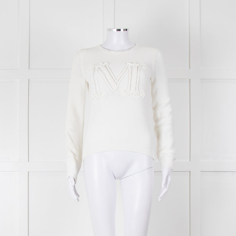 Max Mara White Cotton Blend M Logo Waffle Knit Jumper