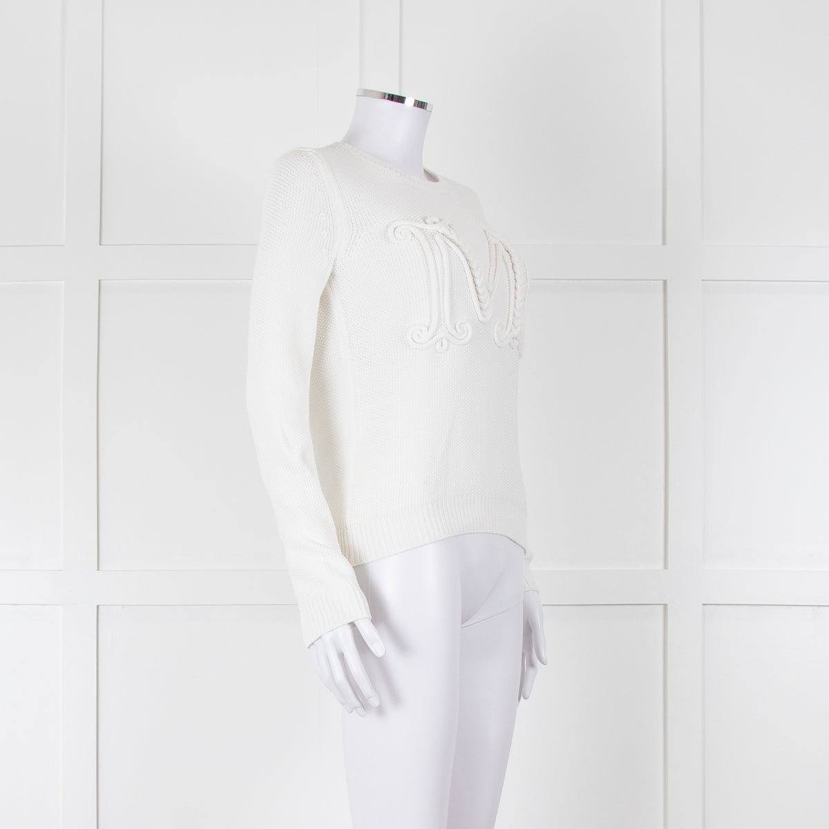 Max Mara White Cotton Blend M Logo Waffle Knit Jumper