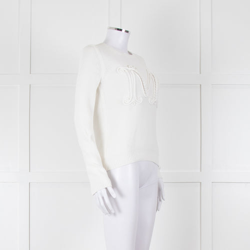 Max Mara White Cotton Blend M Logo Waffle Knit Jumper