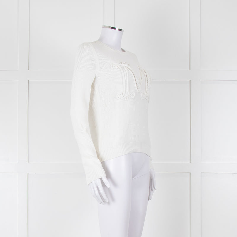 Max Mara White Cotton Blend M Logo Waffle Knit Jumper