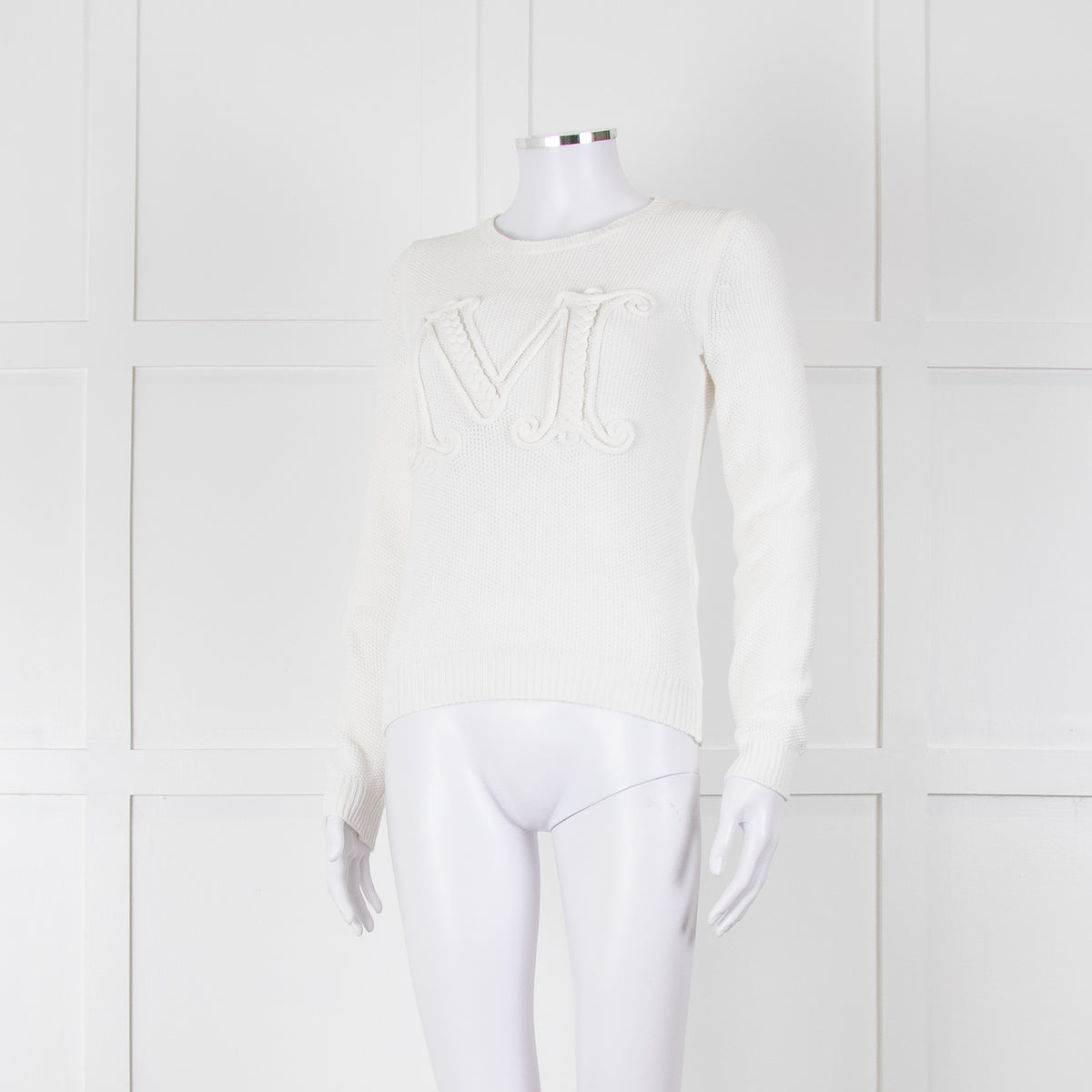 Max Mara White Cotton Blend M Logo Waffle Knit Jumper