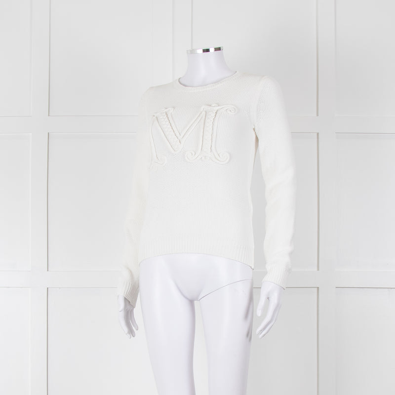Max Mara White Cotton Blend M Logo Waffle Knit Jumper