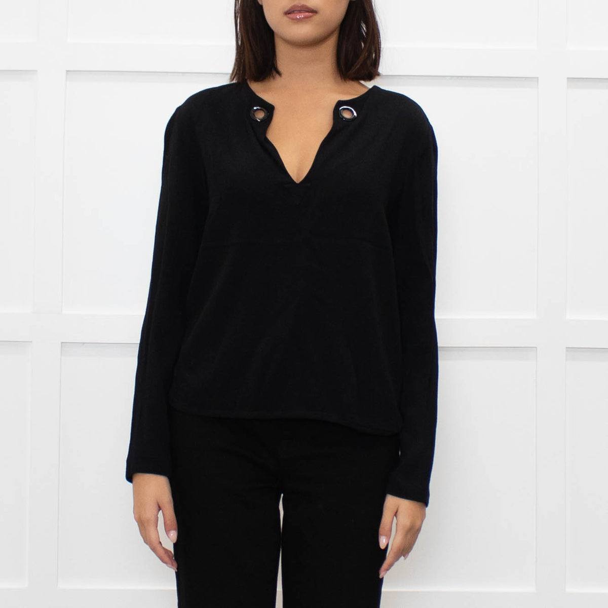 Sandro Black long sleeve V Neck Top