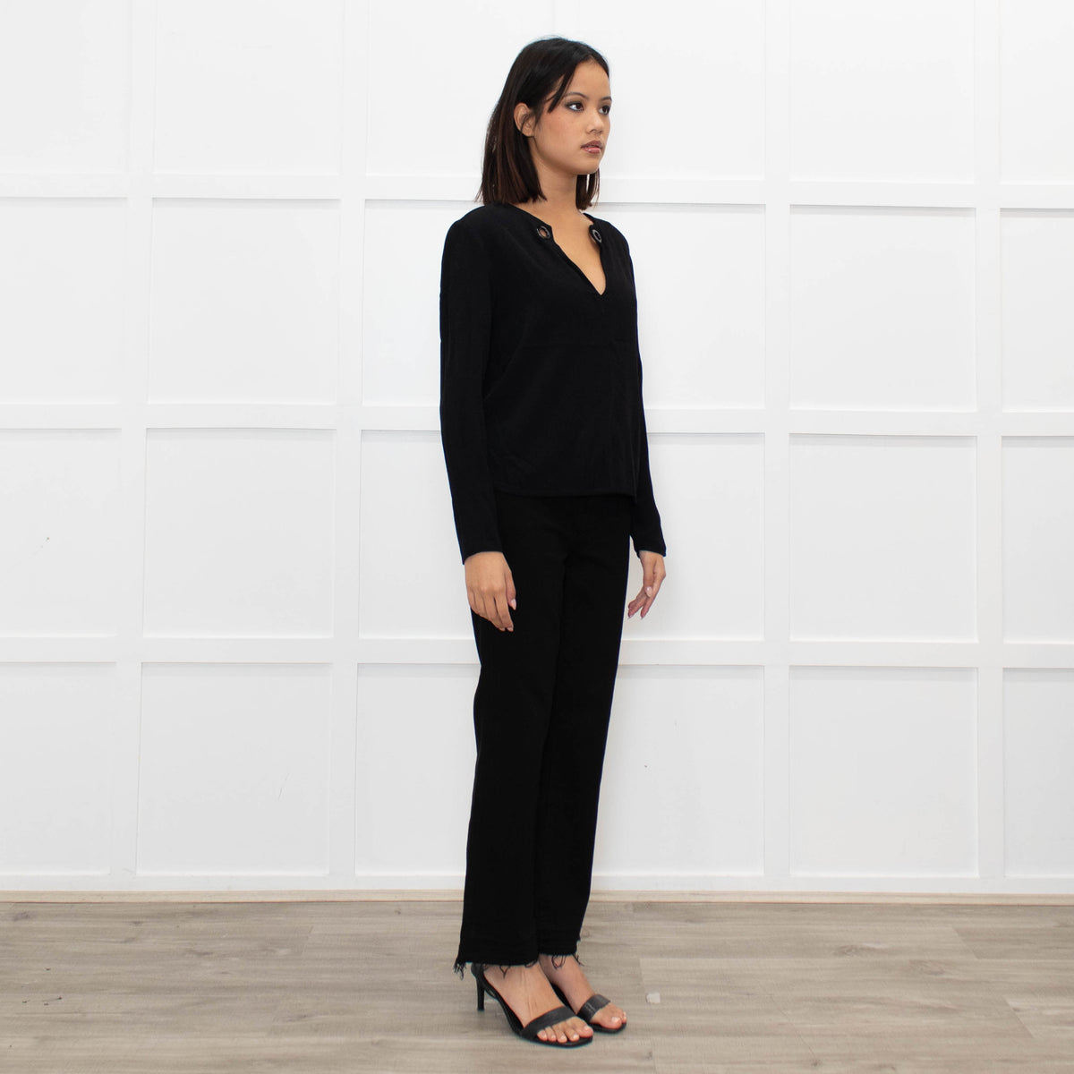 Sandro Black long sleeve V Neck Top