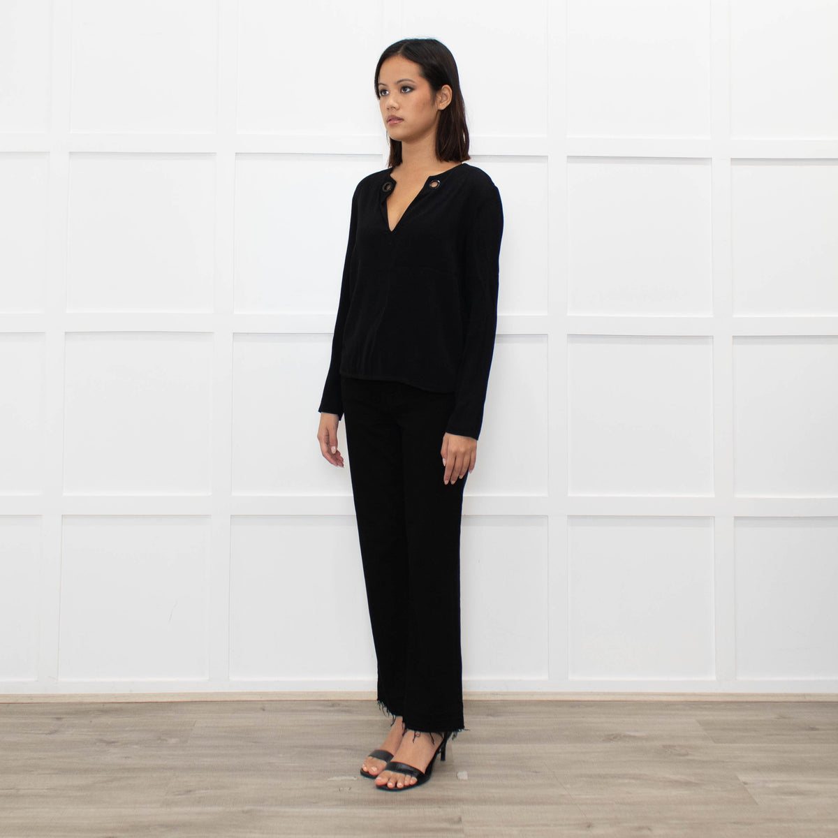 Sandro Black long sleeve V Neck Top