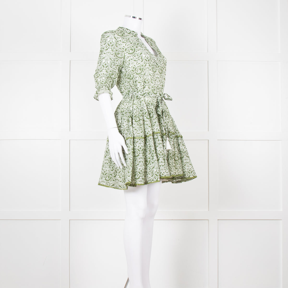 Paolita Cream Green Cotton Belted Mini Cotton Dress