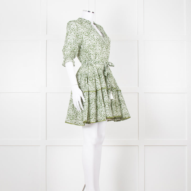 Paolita Cream Green Cotton Belted Mini Cotton Dress
