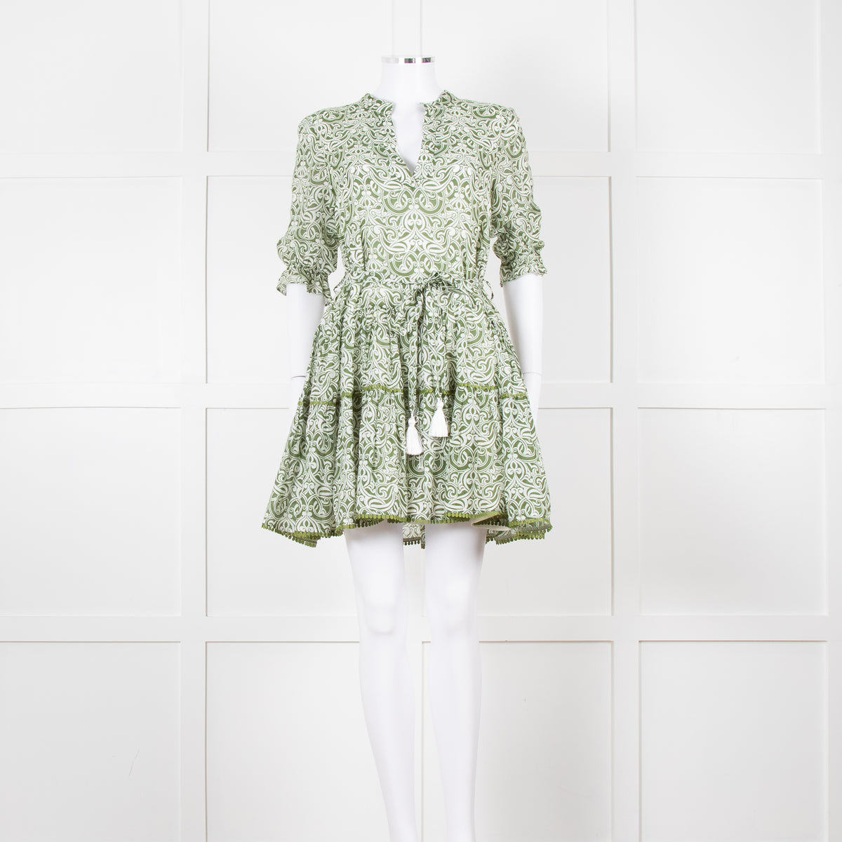 Paolita Cream Green Cotton Belted Mini Cotton Dress