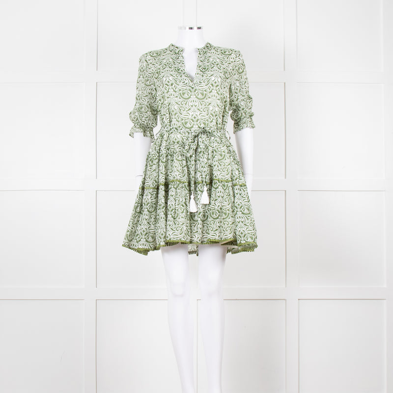 Paolita Cream Green Cotton Belted Mini Cotton Dress