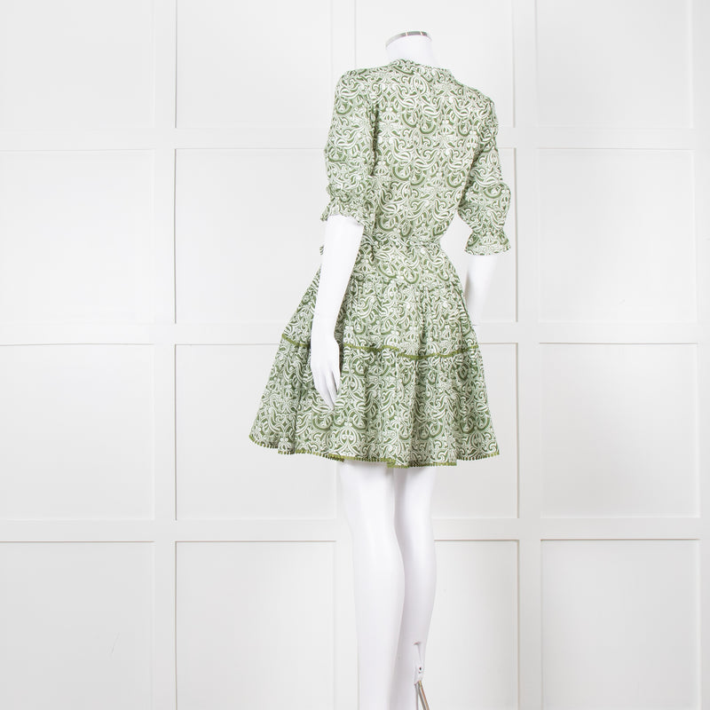Paolita Cream Green Cotton Belted Mini Cotton Dress