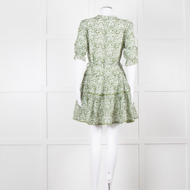 Paolita Cream Green Cotton Belted Mini Cotton Dress