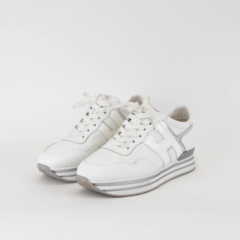 Hogan White and Silver Leather Platform Sneakers