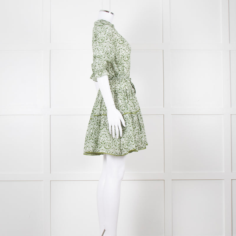 Paolita Cream Green Cotton Belted Mini Cotton Dress