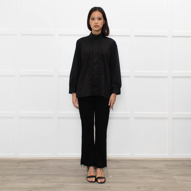 Theory at Bergdorf Goodman Black Stretch Top With Embillshed Front