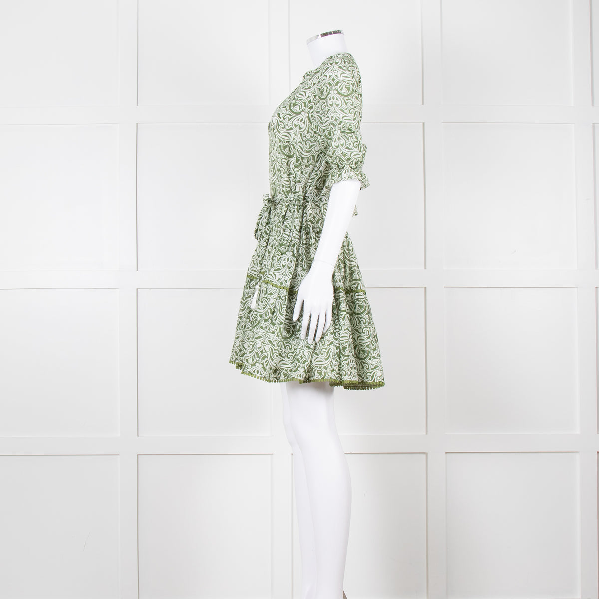 Paolita Cream Green Cotton Belted Mini Cotton Dress