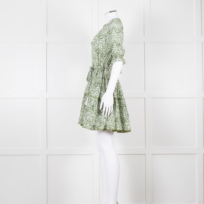 Paolita Cream Green Cotton Belted Mini Cotton Dress