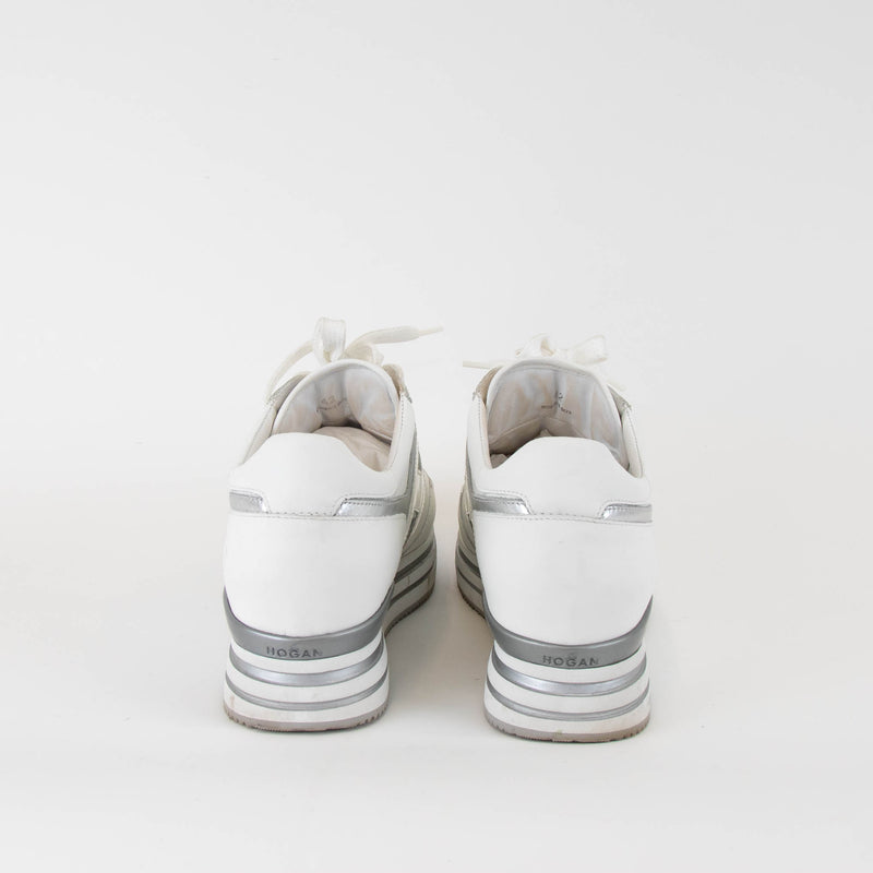 Hogan White and Silver Leather Platform Sneakers