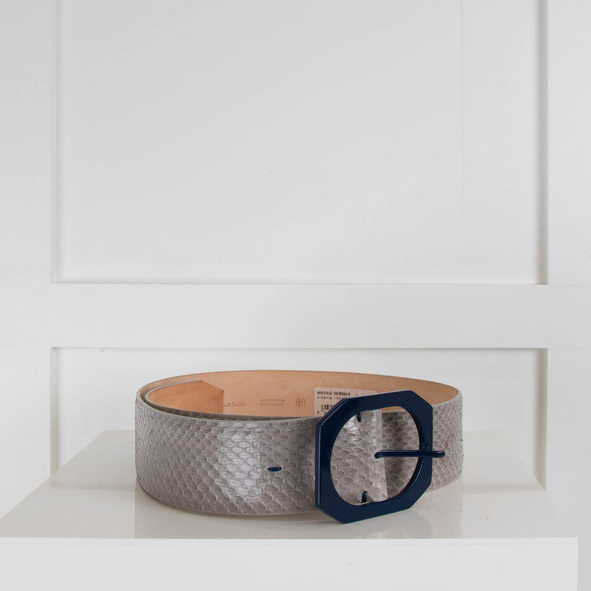 Paul Smith Wide Grey Snake Effect Belt with Blue Buckle