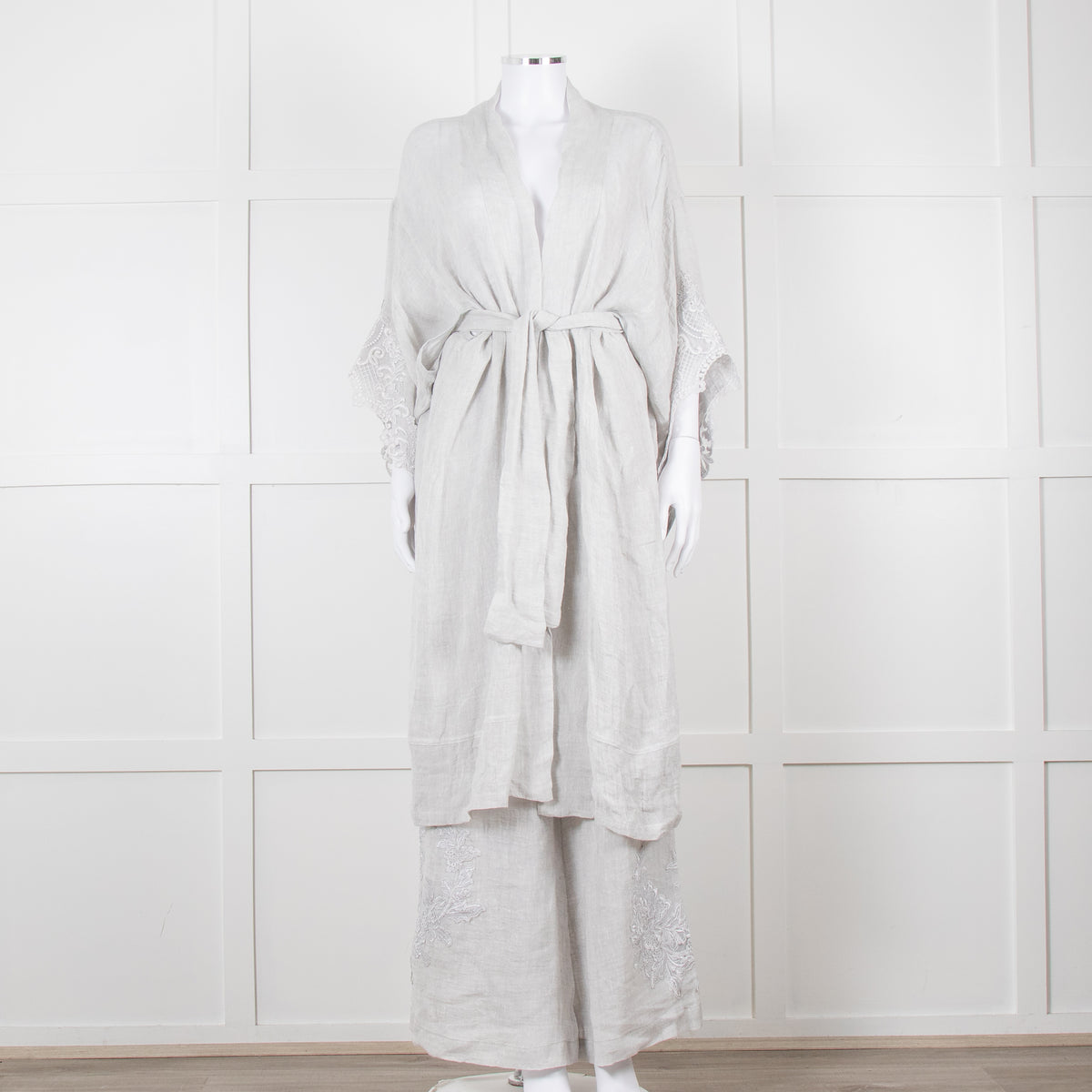 Maurizio Mykonos Grey Lace Tie Waist Duster Coat
