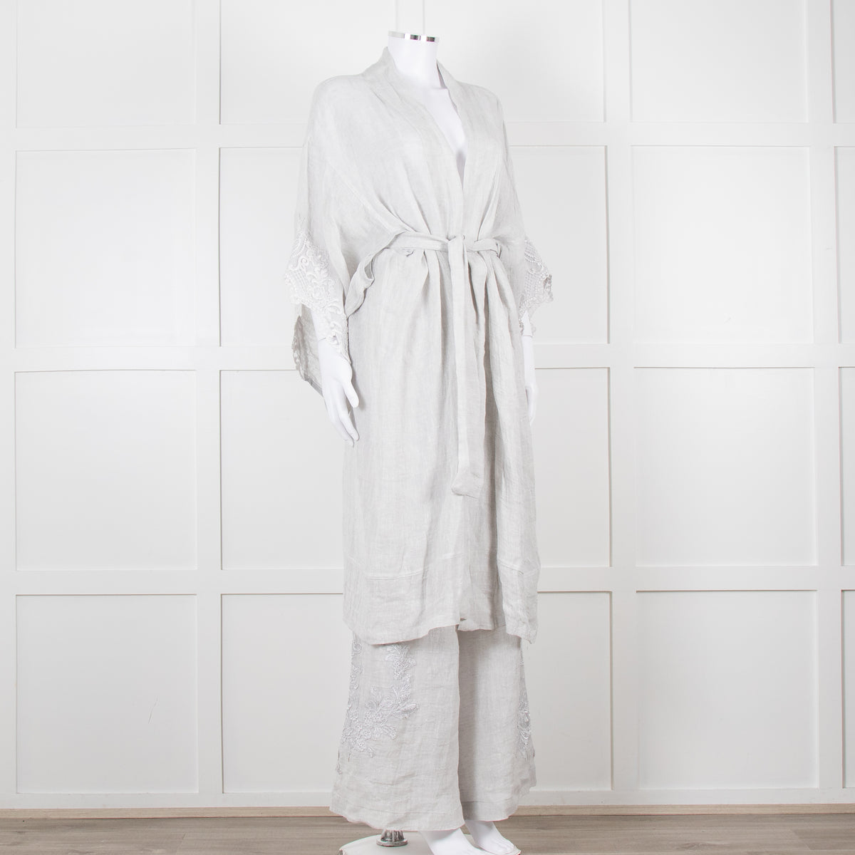 Maurizio Mykonos Grey Lace Tie Waist Duster Coat